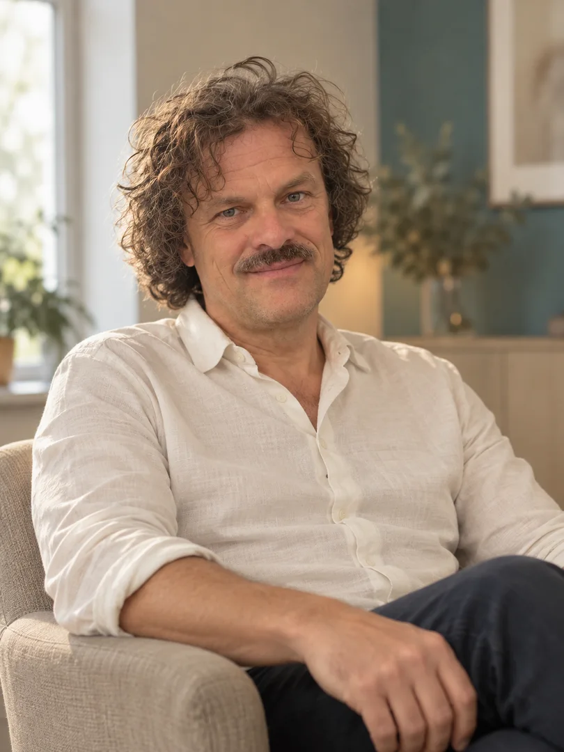 Florian Hauch sitzt im Sessel seiner Praxis und blickt zugewandt in die Kamera.