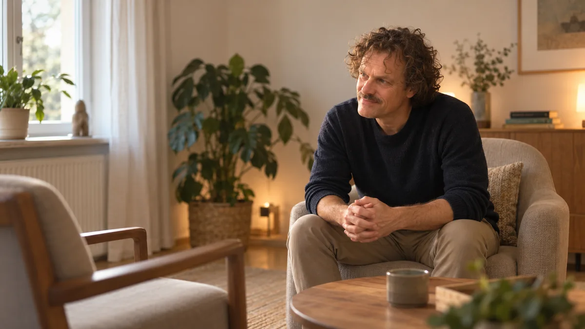 Florian Hauch sitzt zugewandt im Gesprächsraum seiner Praxis.