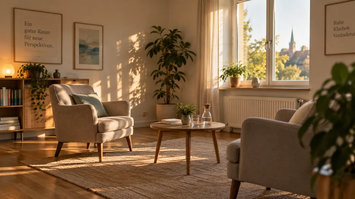 Zwei Sessel und ein kleiner Tisch im hellen Gesprächsraum der Praxis in Rosenheim.